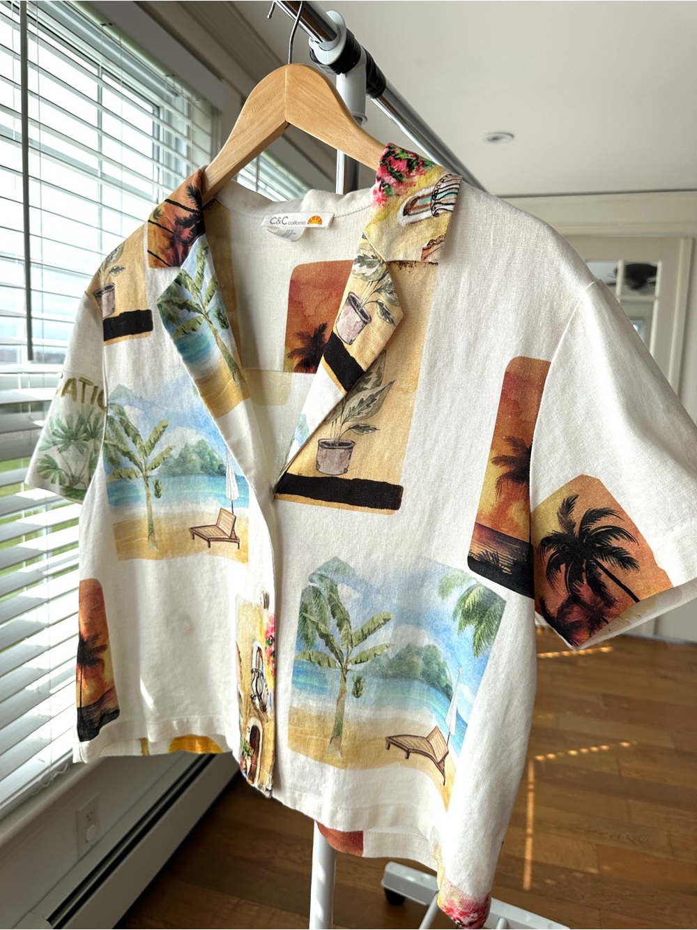 C&C California Tropical Short-Sleeve Shirt, Boxy Relaxed Fit, Cropped, Linen